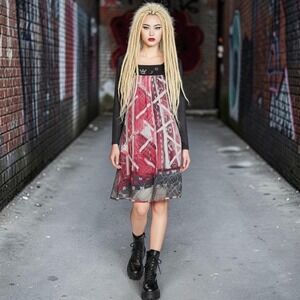 Save The Queen Long Sleeve Dress Abstract Empire Waist Y2K Indie Whimsigoth S